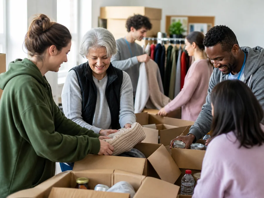 Des bénévoles trient des dons dans une association locale.