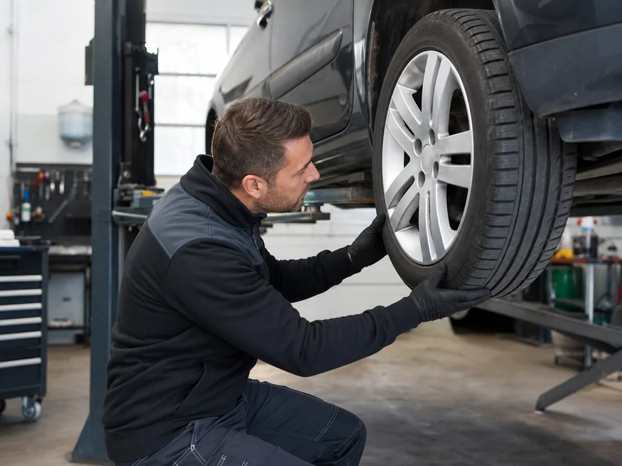 Un mécanicien inspecte la roue d’un véhicule dans un garage.