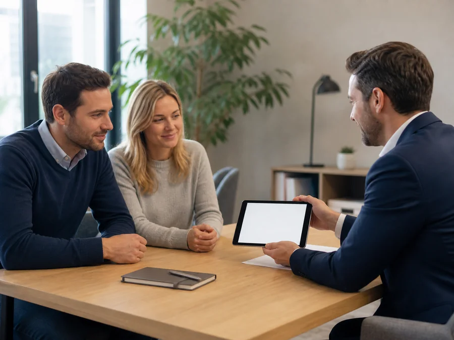 Un conseiller financier reçoit un couple dans son bureau.