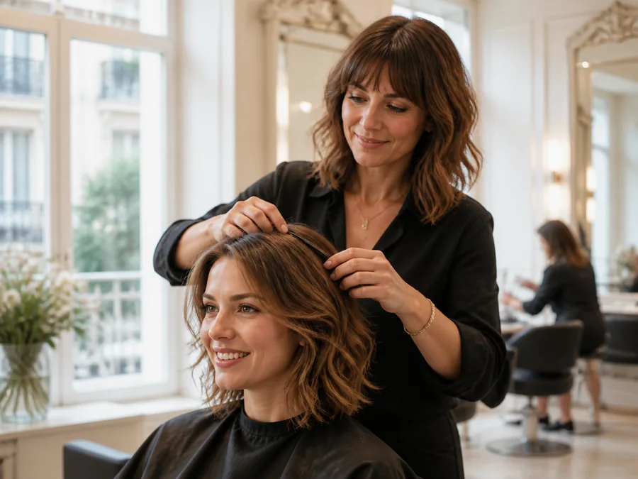 Une coiffeuse finalise la coiffure d’une cliente dans son salon.