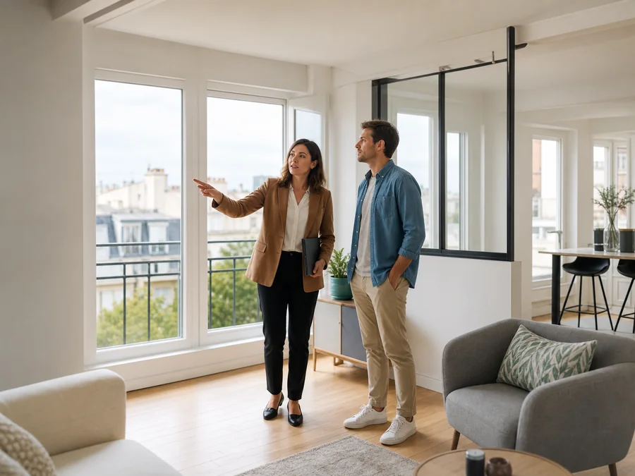 Une conseillère immobilière présente un appartement à un futur acquéreur.
