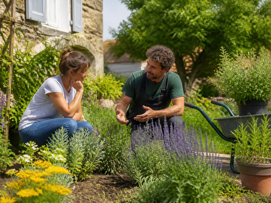 Un paysagiste conseille une cliente dans un jardin fleuri.