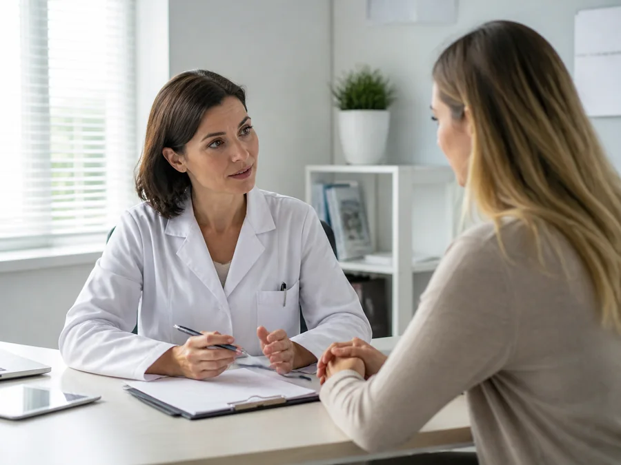 Une professionnelle de santé échange avec une patiente en consultation.