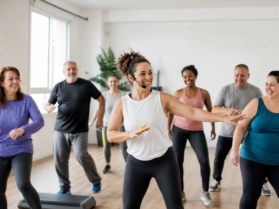 Une coach anime un cours collectif dans une salle lumineuse.