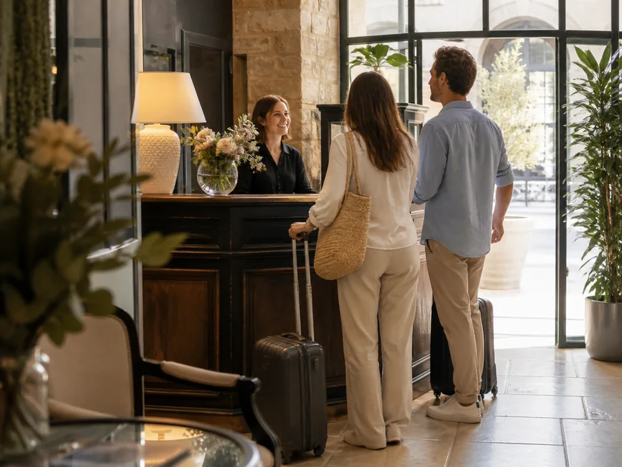 Une réceptionniste accueille des voyageurs dans un hôtel indépendant.
