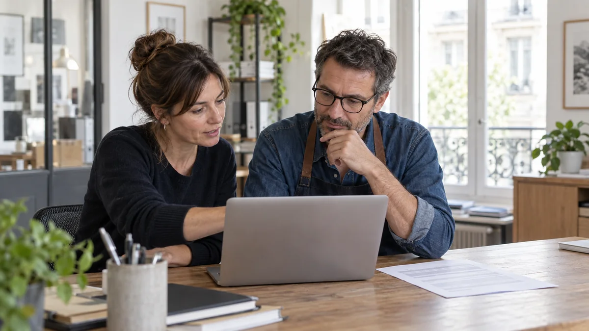 Une cliente et un professionnel vérifient ensemble les informations administratives d’une entreprise.